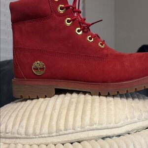 Timberland Red Suede Boots with Gold Accents